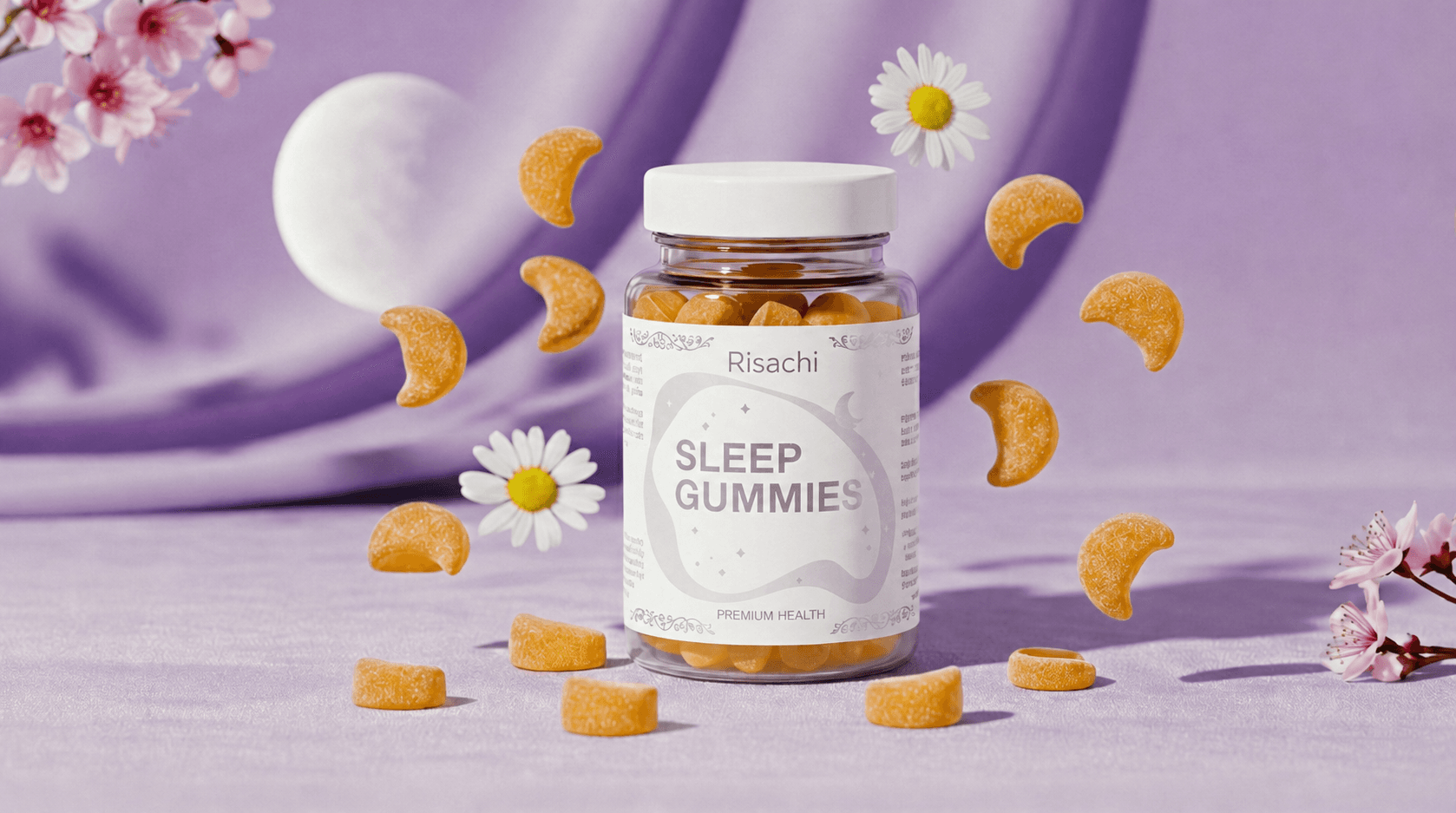 Risachi Mandarin Mango Sleep Gummies bottle with golden-yellow gummies, a melatonin-free CBN and CBG sleep supplement