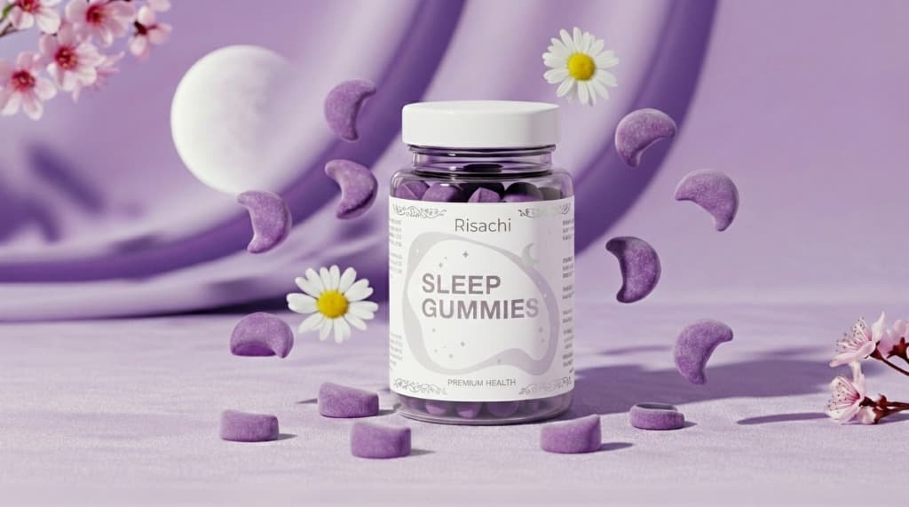 Risachi Sleep Gummies bottle with purple gummies, a melatonin-free CBN and CBG sleep supplement